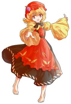 Rule 34 | 1girl, aki minoriko, apron, barefoot, black skirt, blonde hair, dairi, full body, hat, large variant set, pointing, print apron, red apron, red hat, shirt, short hair, skirt, solo, tachi-e, touhou, variant set, wheat print, wide sleeves, yellow shirt