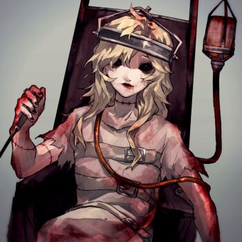 1girl black_sclera blonde_hair blood blood_on_clothes blood_on_hands colored_sclera colored_skin galatea_claude head_tilt highres identity_v intravenous_drip lipstick long_hair makeup sitting smeared_lipstick solid_eyes solo stitched_neck stitches straitjacket torn_clothes um_ld upper_body wavy_hair wheelchair white_skin