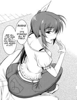 1boy 1girl ass assertive_female barefoot bra_strap breasts bulge covering_own_mouth curvy denim english_text erection erection_under_clothes feet girl_on_top hair_ribbon half-closed_eyes hand_over_own_mouth heart highres huge_ass ishigaki_takashi jeans large_breasts legs long_hair looking_back lyrical_nanoha mahou_shoujo_lyrical_nanoha monochrome naughty_face open_mouth pants pov ribbon seductive_gaze seductive_smile shirt side_ponytail sitting sitting_on_person smile spoken_heart takamachi_nanoha teasing teeth thighs tongue