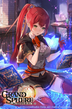 1girl belt black_skirt book breasts buttons center_frills character_request commentary_request copyright_notice floating floating_book floating_object frills gloves gold_trim grand_sphere green_eyes long_hair magic_circle official_art on_magic_circle open_book open_mouth pekoo_(pekota) pleated_skirt ponytail red_belt red_gloves red_hair red_thighhighs shirt skirt solo thighhighs white_shirt zettai_ryouiki