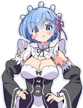 1girl :&lt; artistic_error blue_eyes blue_hair blush_stickers breasts commentary detached_sleeves extra_digits eyes_visible_through_hair frilled_sleeves frills frown hair_between_eyes hair_ornament hand_on_own_hip highres large_breasts long_sleeves looking_at_viewer maid maid_headdress noyama_takenoko re:zero_kara_hajimeru_isekai_seikatsu rem_(re:zero) roswaal_mansion_maid_uniform short_hair simple_background solo upper_body white_background wide_sleeves x_hair_ornament