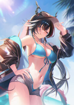 1girl absurdres adjusting_clothes adjusting_headwear alternate_costume arknights arknights:_endfield baseball_cap bikini black_hat black_jacket blue_bikini breasts chen_qianyu_(arknights) commentary_request dragon_girl dragon_horns dragon_tail grey_shorts hand_on_own_hip hat highres horns horns_through_headwear jacket jiang_ye_kiri large_breasts looking_at_viewer navel one_eye_closed open_clothes open_jacket open_shorts ponytail short_shorts shorts solo stomach swimsuit tail