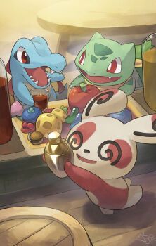 animal_focus bar_(place) bell_pepper berry_(pokemon) blue_skin bright_pupils bulbasaur colored_skin commentary_request crocodilian cup fangs gen_1_pokemon gen_2_pokemon gen_3_pokemon glass green_skin highres indoors multicolored_skin neckerchief nintendo no_humans open_mouth oran_berry pecha_berry pokemon pokemon_(creature) pokemon_mystery_dungeon pokemon_mystery_dungeon:_explorers_of_time/darkness/sky red_eyes red_skin sharp_teeth sitrus_berry smile spinda teeth totodile two-tone_skin white_pupils white_skin yamaori_(hakkentai_pokedan) yellow_neckerchief