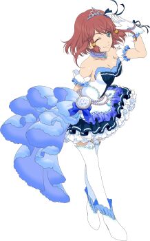 Rule 34 | 1girl, arm behind back, artist request, bare shoulders, blue dress, blue eyes, breasts, cleavage, clock, closed mouth, dress, from side, full body, game cg, gloves, hair ornament, highres, idol, idol clothes, leggings, looking at viewer, medium breasts, official alternate costume, official art, one eye closed, red hair, rose (tales), salute, shoes, short hair, silver tiara, smile, solo, tales of (series), tales of asteria, tales of zestiria, third-party source, transparent background, white gloves, white leggings, white shoes