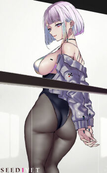 Rule 34 | 1girl, arms behind back, artist name, ass, bare shoulders, bikini, black leotard, black pantyhose, blunt bangs, breasts, commentary, cyberpunk (series), cyberpunk: edgerunners, cyborg, eyeliner, jacket, leotard, long sleeves, looking at viewer, looking back, lucy (cyberpunk), makeup, medium breasts, off shoulder, open mouth, own hands together, pantyhose, red eyeliner, short hair, sideboob, solo, standing, swimsuit, viola (seed), white background, white bikini, white eyes, white hair, white jacket