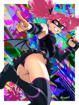 1girl absurdres ass black_boots black_leotard black_mask black_skirt black_sleeves boku_no_hero_academia boots border breasts bright_pupils colorful_background commentary_request demon_wings detached_sleeves domino_mask earrings eye_mask fingernails foot_out_of_frame grin haneyama_kazuho highres holding holding_microphone jewelry leotard long_fingernails looking_at_viewer low_wings mask medium_breasts microphone microskirt microsoft_windows neaghelly_stn outside_border outstretched_arm pink_eyes pink_hair pink_nails pleated_skirt pointing purple_trim shoe_soles skirt smile solo sphere_earrings standing standing_on_one_leg superhero_costume thigh_boots twintails twitter_username vigilante_-boku_no_hero_academia:_illegals- white_border white_pupils wings