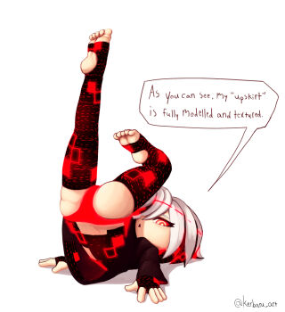 1girl 2023 20s artificial_intelligence ass barefoot dress english_text female_focus fingerless_gloves from_behind full_body gloves hair_over_one_eye highres kerbaru_art leg_up loli looking_at_viewer lying on_back one_eye_closed open_mouth panties red_eyes red_panties sage_(sonic) sega short_hair solo sonic_(series) sonic_frontiers stirrup_legwear themed_clothing themed_panties themed_underwear thighhighs toeless_legwear toes twitter_username underwear upside-down upskirt white_background white_hair