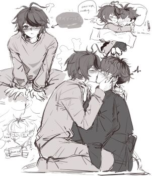 Rule 34 | 1lijin, 2boys, blanket, blush, closed eyes, commentary, english text, greyscale, haori, highres, hug, indian style, japanese clothes, long sleeves, male focus, monochrome, multiple boys, omokage yugamu, pajamas, print eyepatch, sitting, sleeping, speech bubble, squeans, sumino takumi, the hundred line -last defense academy-, untranslatable commentary, unworn earring, yaoi