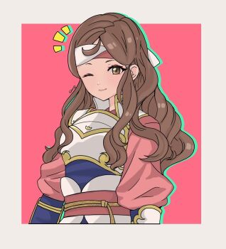 1girl ;) armor brown_eyes brown_hair commentary_request e_m_a fire_emblem fire_emblem_fates hana_(fire_emblem) headband highres japanese_armor japanese_clothes long_hair nintendo one_eye_closed samurai smile solo white_headband