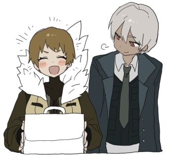 Rule 34 | 1boy, 1girl, black vest, blush, brown jacket, closed eyes, collared shirt, cowboy shot, grey necktie, happy, highres, jacket, library of ruina, lulu (project moon), mars (project moon), necktie, notice lines, open mouth, pastry box, project moon, shirt, simple background, smile, stephe666q, vest, white background, white shirt