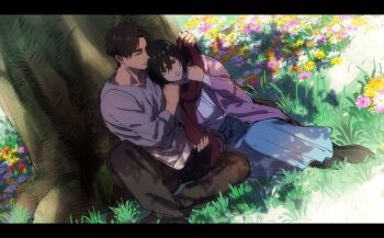 1boy 1girl 35ohama_yu adjusting_another&#039;s_clothes adjusting_scarf black_hair brown_hair brown_pants brown_shoes cardigan commentary couple eren_yeager flower grass grey_shirt hair_between_eyes hetero highres knee_up leaning_on_person long_skirt long_sleeves mikasa_ackerman open_cardigan open_clothes orange_flower outdoors pants pink_cardigan pink_flower red_scarf scarf scarf_tying shingeki_no_kyojin shirt shoes short_hair sitting skirt tree under_tree white_flower white_shirt yellow_flower