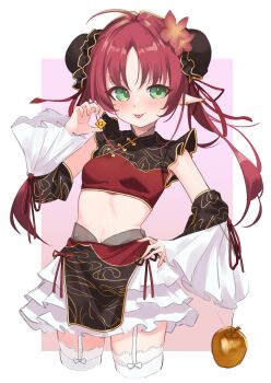 1girl absurdres ahoge apple arknights breasts bun_cover chinese_clothes closed_mouth crop_top cropped_legs detached_sleeves double_bun earrings flower food fruit garter_straps golden_apple green_eyes hair_bun hair_flower hair_ornament hand_on_own_hip highres jewelry long_hair looking_at_viewer myrtle_(arknights) paid_reward_available pointy_ears red_hair simple_background skirt small_breasts solo thighhighs tongue tongue_out twintails v-shaped_eyebrows variant_set white_skirt white_thighhighs yakurope-moko