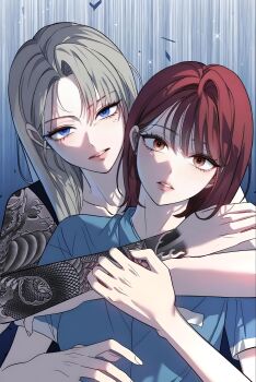 2girls blonde_hair distorted_love grey_background hyuna_shin light_smile long_hair looking_at_viewer medium_hair multiple_girls nami_lee prison_clothes red_hair tattoo