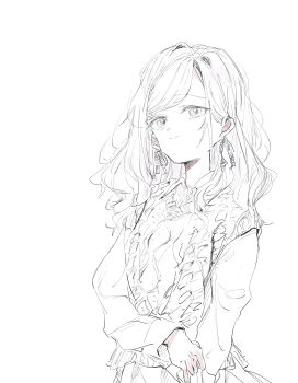 1girl absurdres alternate_costume ceras_yanagida_lilienfeld closed_mouth collared_shirt commentary_request dress_shirt greyscale hair_ribbon highres kusakayosituki1 link!_like!_love_live! long_hair long_sleeves looking_at_viewer love_live! monochrome ribbon shirt simple_background smile solo split_mouth sweater_vest virtual_youtuber white_background