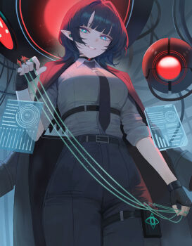 1girl absurdres aqua_eyes belt black_belt black_choker black_coat black_gloves black_hair black_necktie black_pants blush breasts bright_pupils choker coat coat_on_shoulders collared_shirt commentary_request cowboy_shot earphones fingerless_gloves from_below gloves grey_shirt highres junmin korean_commentary looking_at_viewer medium_breasts medium_hair mute_(trickcal) necktie open_mouth pants pointy_ears shirt short_sleeves sidelocks smile solo spiked_gloves square_pupils standing thigh_strap trickcal white_pupils wireless_earphones