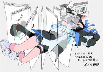 1girl animal_ears black_hair black_jacket black_shorts blue_eyes cat_ears cat_tail closed_mouth cursor english_text full_body grey_background highres hood jacket long_sleeves mk1liaoqian one_eye_closed original paw_shoes shirt short_hair shorts sign slippers socks solo tail thigh_strap warning_sign window_(computing)