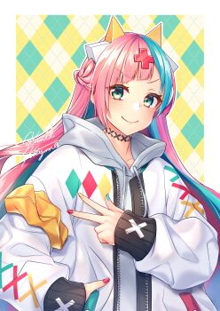 >:) 1girl absurdres aqua_nails argyle_background blue_eyes blue_hair blush braid closed_mouth commentary_request diagonal_bangs drawstring hair_ornament hand_in_pocket highres hood hood_down hoodie jacket kitazume_kumie long_hair long_sleeves looking_at_viewer multicolored_hair multicolored_nails nail_polish open_clothes open_jacket pink_hair pink_nails pinky_pop_hepburn revision signature sleeves_past_wrists smug solo the_moon_studio two-tone_hair unzipped upper_body v v-shaped_eyebrows very_long_hair virtual_youtuber white_jacket x_hair_ornament yellow_nails zipper