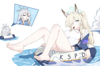 1girl 2girls 686panda absurdres animal_ear_fluff animal_ears barefoot blonde_hair blowing_whistle blue_archive blue_eyes blue_halo breasts dog_ears dog_girl grey_hair hair_over_one_eye halo highres kanna_(blue_archive) kanna_(swimsuit)_(blue_archive) konoka_(blue_archive) large_breasts long_hair looking_at_viewer mask mouth_mask multiple_girls official_alternate_costume one-piece_swimsuit ponytail swim_ring swimsuit water whistle whistle_around_neck