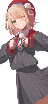 Rule 34 | 1girl, beret, blonde hair, blue ribbon, blunt bangs, blush, buttons, collared shirt, cowboy shot, double-breasted, dress shirt, four-finger heart hands, green eyes, grey jacket, grey skirt, grin, hair ornament, hair rings, hashtag-only commentary, hat, heart, heart hands, highres, indie virtual youtuber, jacket, long sleeves, looking at viewer, miniskirt, nayuyu1105, neck ribbon, pinstripe jacket, pinstripe pattern, pinstripe skirt, pleated skirt, pom pom (clothes), pom pom brooch, pom pom hair ornament, raised inner eyebrows, red hat, red sailor collar, ribbon, sailor collar, school uniform, shigure ui (1st costume) (vtuber), shigure ui (vtuber), shirt, short hair, side up ring, simple background, skirt, sleeve cuffs, smile, solo, swept bangs, twisted torso, virtual youtuber, white background, white shirt