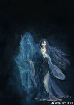 1boy alternate_hairstyle animal black_hair black_hanfu blood blood_from_mouth blue_theme chinese_clothes chinese_commentary commentary_request diaomaoxiaoheidaoliangquanban floating_hair full_body grey_pants hair_down hanfu highres holding holding_reins holding_ribbon horse implied_yaoi long_hair long_sleeves looking_at_viewer male_focus modao_zushi pants red_sash reins ribbon robe sash solo standing wading walking water watermark wei_wuxian weibo_watermark white_ribbon wide_sleeves