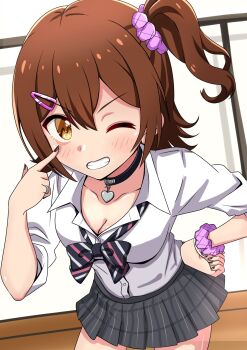 1girl bangle black_bow black_bowtie black_choker black_nails blush bow bowtie bracelet breasts brown_hair choker cleavage collarbone collared_shirt concept_gyarus_(idolmaster) cowboy_shot diagonal-striped_bow diagonal-striped_bowtie diagonal-striped_clothes dot_nose double-parted_bangs eyelid_pull grey_skirt grin gyaru hair_ornament hair_scrunchie hand_on_own_hip hand_up heart heart_choker highres idolmaster idolmaster_million_live! idolmaster_million_live!_theater_days index_finger_raised indoors jewelry kasuga_mirai looking_at_viewer loose_bowtie medium_breasts mimiu_p one_eye_closed open_collar pink_scrunchie plaid_clothes plaid_skirt pleated_skirt school_uniform scrunchie shirt side_ponytail sidelocks silver_bangle silver_bracelet silver_ring skirt sleeves_rolled_up smile solo striped_bow striped_bowtie striped_clothes wavy_hair white_shirt wrist_scrunchie yellow_eyes