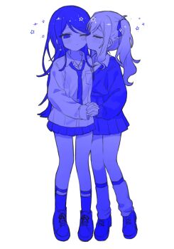 Rule 34 | 2girls, blue theme, blush, closed eyes, closed mouth, collared shirt, commentary, earrings, highres, holding hands, hoshino ichika (project sekai), interlocked fingers, jewelry, kiss, kissing cheek, loafers, long hair, loose socks, mu ri003, multiple girls, one eye closed, pleated skirt, project sekai, school uniform, shirt, shoes, skirt, socks, sparkle, symbol-only commentary, tenma saki, twintails, yuri