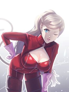 1girl alternate_hairstyle bent_over blonde_hair blue_eyes bodysuit breasts cat_tail cleavage commentary_request corner50777313 earrings gloves hand_on_own_hip high_ponytail highres jewelry large_breasts long_hair looking_at_viewer one_eye_closed panther_(persona_5) parted_lips persona persona_5 pink_gloves ponytail red_bodysuit solo stud_earrings tail takamaki_anne very_long_hair zipper
