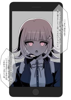 Rule 34 | 1girl, :o, breasts, brown hair, collared shirt, commentary request, danganronpa (series), danganronpa 2: goodbye despair, dress shirt, flipped hair, hair ornament, highres, jacket, large breasts, long sleeves, looking at viewer, medium hair, nanami chiaki, neck ribbon, open clothes, open jacket, phone, pink eyes, ribbon, shirt, shoyu (k5kiw), solo, speech bubble, translation request, two-tone shirt, white shirt