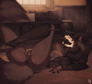 1girl animal_ears anus artist_name ass black_fur black_hair black_sclera blurry blurry_foreground body_fur breasts clitoral_hood clitoris colored_sclera completely_nude day female_focus furry furry_female half-closed_eyes highres indoors legs legs_up light_rays long_hair looking_at_viewer lying mature_female medium_breasts nipples nude on_back on_floor open_mouth pussy saliva scp-1471 scp_foundation sharp_teeth sidelocks signature skull solo sunlight teeth thighs tongue tongue_out uncensored vksuika white_eyes window wolf_ears wolf_girl wooden_floor