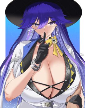 1girl black_gloves black_hat blush bracelet breasts cleavage collarbone earrings gloves grabbing_another's_arm grabbing_another's_breast groping hair_between_eyes hand_up hat highres huge_breasts index_finger_raised jacket jewelry long_hair looking_at_viewer lucilla_(wuthering_waves) mole mole_under_eye onli720justmao pov purple_eyes purple_hair simple_background upper_body white_jacket wuthering_waves