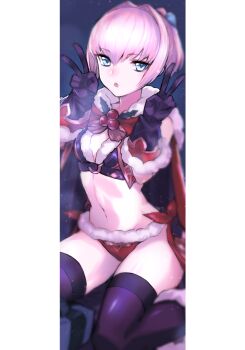 1girl alternate_costume bikini black_bikini black_thighhighs blue_eyes box breasts cape christmas commentary_request double_v fur-trimmed_bikini fur-trimmed_cape fur-trimmed_gloves fur_trim gift gift_box gloves hair_between_eyes holly kantai_collection koto_suomi looking_at_viewer parted_lips pink_hair red_bikini red_cape shiranui_(kancolle) small_breasts solo stomach swimsuit thighhighs v