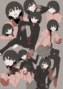 1boy 1girl :3 black_eyes black_hair black_jacket black_necktie black_pants black_pantyhose black_shirt bob_cut breasts brown_shoes closed_mouth commentary cropped_torso dress_shirt dual_persona elbow_on_knee empty_eyes from_behind from_side full_body gakuran gloves grey_background grey_gloves grey_skirt grid_background hair_between_eyes hand_on_own_face hand_on_own_head hand_up hands_on_own_cheeks hands_on_own_face head_rest head_tilt high_collar highres jacket knee_up leaning_forward light_smile loafers long_sleeves looking_at_viewer looking_back looking_to_the_side monogatari_(series) multiple_views naoetsu_high_school_uniform narrowed_eyes necktie open_mouth oshino_ougi outline pale_skin pants pantyhose parted_lips pink_shirt pleated_skirt puffy_long_sleeves puffy_sleeves red_trim school_uniform shirt shoes short_hair shrugging skirt sleeves_past_fingers sleeves_past_wrists small_breasts smile smug turning_head turtleneck undershirt valhalla0707 w_arms white_outline white_shoes