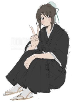Rule 34 | black kimono, bleach, blue ribbon, brown eyes, brown hair, commentary, hair bun, highres, hinamori momo, japanese clothes, kimono, knpk963, light blush, looking at viewer, ribbon, sandals, shihakusho, sidelocks, simple background, smile, symbol-only commentary, tabi, v, white background