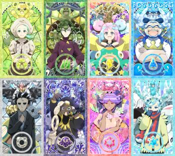 4boys 4girls absurdres adjusting_clothes adjusting_necktie altaria aqua_eyes aqua_hair aqua_nails backwards_hat bald banette baseball_cap beard beartic bellibolt black_hair black_hat black_jacket blue_hair border bow-shaped_hair brassius_(pokemon) brown_hat brown_shirt cetitan cetoddle closed_eyes closed_mouth collared_shirt commentary_request crabominable crossed_arms dark-skinned_female dark_skin dress dudunsparce earrings espathra eyelashes facial_hair farigiraf fingernails florges florges_(red_flower) formal_clothes gardevoir gen_2_pokemon gen_3_pokemon gen_4_pokemon gen_5_pokemon gen_6_pokemon gen_7_pokemon gen_8_pokemon gloves greavard green_eyes green_hair grey_hat grey_shirt grusha_(pokemon) hair_bun hair_ornament hand_in_pocket hand_on_own_hip hat highres holding holding_microphone houndstone icicle iono_(pokemon) jacket jewelry katy_(pokemon) kofu_(pokemon) komala larry_(pokemon) lightning_bolt_symbol lips lipstick long_sleeves luxio makeup microphone mismagius mole mole_under_eye multicolored_hair multiple_boys multiple_girls nail_polish necktie nintendo nymble open_mouth orange_eyes orange_pupils own_hands_together petilil pink_hair poke_ball_theme pokemon pokemon_(creature) pokemon_sv purple_hair purple_shirt ryme_(pokemon) scarf scarf_over_mouth sharp_teeth shirt short_sleeves single_hair_bun smile smoliv spiked_hair star_(symbol) staraptor sudowoodo suit tarountula teddiursa teeth terastallization thick_eyebrows toxtricity toxtricity_(low_key) tulip_(pokemon) two-tone_hair two-tone_scarf unibrow upper_teeth_only user_njye5485 veluza watermark wattrel white_dress white_gloves white_hair wugtrio