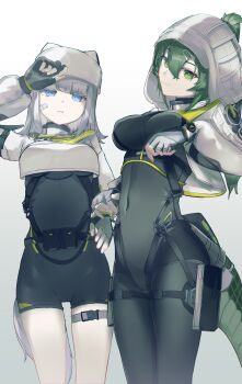 Rule 34 | 2girls, absurdres, animal ear headwear, arknights, arknights: endfield, bandaid, bandaid on cheek, bandaid on face, black bodysuit, black gloves, black romper, blue eyes, bodysuit, breasts, buckle, cat girl, cat tail, chinese commentary, commentary request, covered navel, cowboy shot, estella (arknights), fake animal ears, fingerless gloves, fluorite (arknights), gloves, green eyes, green hair, grey background, grey hair, hair between eyes, hat, hat with ears, highres, hood, hood up, hooded jacket, hooded shrug, jacket, long hair, long sleeves, looking at viewer, mizuhashi parusui, multiple girls, partial commentary, romper, shrug (clothing), simple background, smile, snake girl, snake tail, snap-fit buckle, tail, white hat, white shrug