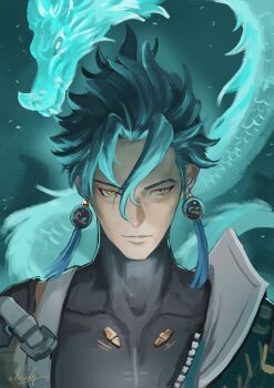 1boy absurdres black_shirt chucky_(chucky1000sun) closed_mouth commentary_request covered_collarbone earrings green_hair hair_between_eyes highres jewelry jiyan_(wuthering_waves) male_focus portrait shirt signature solo wuthering_waves yellow_eyes