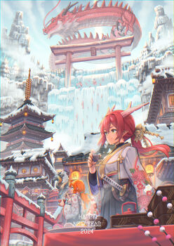 2024 2girls ahoge antlers artist_name blue_eyes blue_sky bowl breasts chopsticks closed_mouth commentary_request dragon elf fantasy fish fog happy_new_year highres holding holding_bowl holding_chopsticks horns lantern long_sleeves low_ponytail low_twintails medium_breasts multiple_girls nagi_itsuki new_year open_mouth orange_hair original outdoors pagoda paper_lantern pointy_ears ponytail railing red_hair scenery sheath sheathed sky smile snow stairs sword translation_request tree twintails water waterfall weapon window yellow_eyes