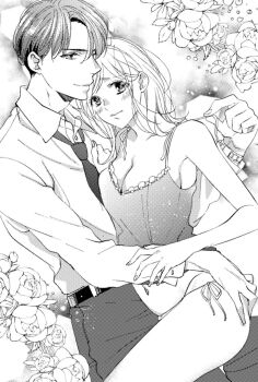 1boy 1girl belt breasts camisole cleavage collared_shirt commentary_request flower greyscale hachiya_nanao hetero large_breasts lingerie loose_necktie monochrome navel necktie original panties raised_inner_eyebrows rose shirt side-tie_panties underwear untying