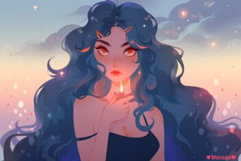 1girl artist_name black_hair black_tank_top breasts cleavage commentary curly_hair english_commentary eyebrows_hidden_by_hair freckles hair_ornament hairclip holding holding_lighter lighter long_hair medium_breasts orange_eyes original red_lips solo spaghetti_strap sparkle strap_slip tank_top upper_body vicki_tsai zippo_lighter