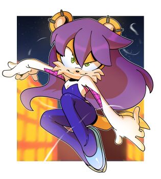 1girl absurdres alternate_costume animal_ear_piercing animal_ears blue_bodysuit blue_footwear blurry blurry_background bodysuit border cityscape cosplay crossover depth_of_field full_body furry furry_female green_eyes highres long_hair looking_at_viewer marvel mina_mongoose multicolored_bodysuit night novika pink_bodysuit purple_hair solo sonic_(series) spider-gwen spider-gwen_(cosplay) spider-man_(series) tail white_bodysuit white_border