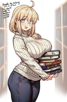 1girl absurdres aesc_(fate) aesc_(rain_witch)_(fate) ahoge blonde_hair blue_eyes blush book breasts ebora fate/grand_order fate_(series) glasses highres holding holding_book large_breasts long_hair open_mouth round_eyewear smile solo sweater turtleneck turtleneck_sweater