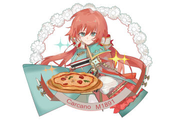 1girl absurdres aqua_eyes carcano_m1891_(girls'_frontline) character_name closed_mouth commentary_request food girls'_frontline hair_between_eyes heituitui highres long_hair looking_at_viewer low_twintails military_uniform pizza red_pupils smile solo sparkle twintails