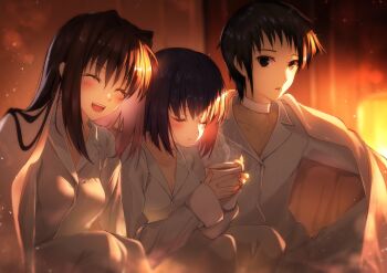 1boy 2girls aozaki_aoko black_eyes black_hair blanket blush bob_cut brown_hair choker closed_eyes collared_shirt cup fireplace highres holding holding_cup hot_drink kuonji_alice long_hair looking_at_another mahou_tsukai_no_yoru multiple_girls open_mouth pajamas pants shared_blanket shirt shizuki_soujuurou short_hair sidelocks smile smoke toomishou white_choker white_pants white_shirt