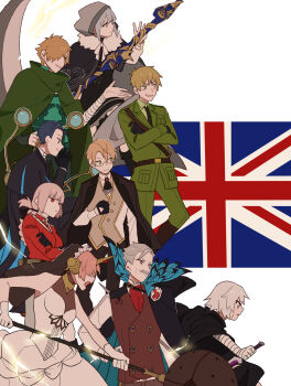 4girls 5boys absurdres add_(fate) ascot axis_powers_hetalia bandaged_arm bandages black_gloves black_hair blonde_hair blue_eyes braid cape cloak collared_shirt country_connection crossover dagger dress facial_hair facial_scar fate/grand_order fate_(series) florence_nightingale_(fate) frankenstein's_monster_(fate) fur_trim gloves gray_(assassin)_(fate) gray_(fate) green_eyes grey_eyes grey_hair hair_over_one_eye henry_jekyll_(fate) highres holding holding_dagger holding_knife holding_mace holding_scythe holding_weapon hood hood_up horns jack_the_ripper_(fate/apocrypha) jack_the_ripper_(first_ascension)_(fate) jacket james_moriarty_(archer)_(fate) jekyll_and_hyde_(fate) knife kome_043 long_hair long_sleeves mace mechanical_horns multiple_boys multiple_girls mustache necktie old old_man open_mouth orange_hair pants pink_hair red_eyes robin_hood_(fate) scar scar_on_cheek scar_on_face scythe sherlock_holmes_(fate) shirt short_hair single_horn smile thick_eyebrows union_jack united_kingdom_(hetalia) veil vest weapon white_hair white_shirt