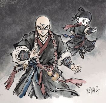 2boys akuto013 bald chaozu collarbone commentary_request dougi dragon_ball dragonball_z highres japanese_clothes male_focus multiple_boys sketch tenshinhan third_eye turban upper_body