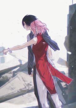 Rule 34 | 1boy, 1girl, absurdres, amputee, black gloves, black hair, boruto: naruto next generations, bracelet, breasts, commentary, fingerless gloves, gloves, grey vest, hairband, haruno sakura, highres, husband and wife, jewelry, medium breasts, medium hair, naruto (series), niku (ni23ku), pants, pink hair, pointing, red hairband, rinnegan, ruins, uchiha sasuke, uchiha symbol, vest, white pants