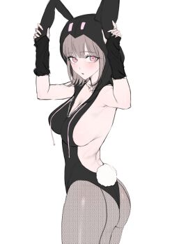 1girl animal_ears animal_hood ass black_gloves blush breasts brown_hair cleavage commentary_request danganronpa_(series) danganronpa_2:_goodbye_despair fake_animal_ears fingerless_gloves fishnet_pantyhose fishnets gloves hands_up highres hood koha_2652 large_breasts looking_at_viewer medium_hair nanami_chiaki official_alternate_costume pantyhose pink_eyes rabbit_ears rabbit_hood rabbit_tail simple_background solo tail white_background