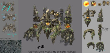 Rule 34 | 1boy, 1girl, 1other, commentary, concept art, crystal, disembodied hand, english commentary, ezu (leejiyu), floating rock, frey (king's raid), giant, giant hand, giant monster, golem, grass, highres, kasel (king's raid), king's raid, korean text, magic, moss, mountain fortress (king's raid), official art, stairs, stone hands, stone pillar, translation request, tree