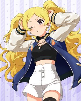 1girl arms_up black_choker blonde_hair breasts choker commentary_request cowboy_shot drop_shadow emily_stewart game_cg idolmaster idolmaster_million_live! idolmaster_million_live!_theater_days jacket jewelry letterman_jacket light_blush long_hair long_sleeves necklace official_alternate_costume official_art one_eye_closed open_clothes open_jacket parted_lips purple_eyes shoes solo standing sukajan_gyarus_(idolmaster) third-party_source twintails white_shoes