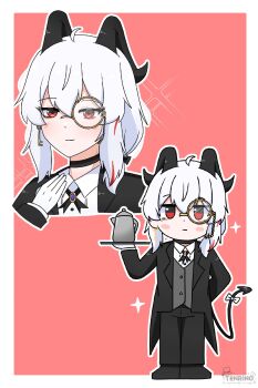 1girl ahoge arm_behind_back artist_logo black_horns black_jacket black_pants black_tail border bow butler closed_mouth commentary crossdressing crossdressing_(ftm) curled_horns demon_tail earrings english_commentary female_butler gloves hair_between_eyes highres horns jacket jewelry key_earrings logo long_hair long_sleeves monocle multicolored_hair multiple_views pants red_background smile sparkle sparkling_aura streaked_hair tail tail_bow tail_ornament tailcoat tenrino vest waistcoat white_border white_bow white_gloves wuthering_waves zani_(wuthering_waves)